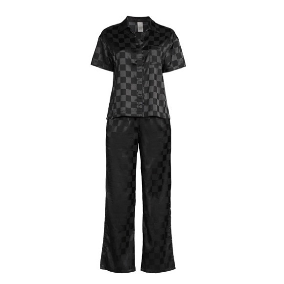 LISSOME WOMEN’S SATIN CHECKERED BOXY CROP TOP AND PANTS SLEEP SET - Picture 3 of 6